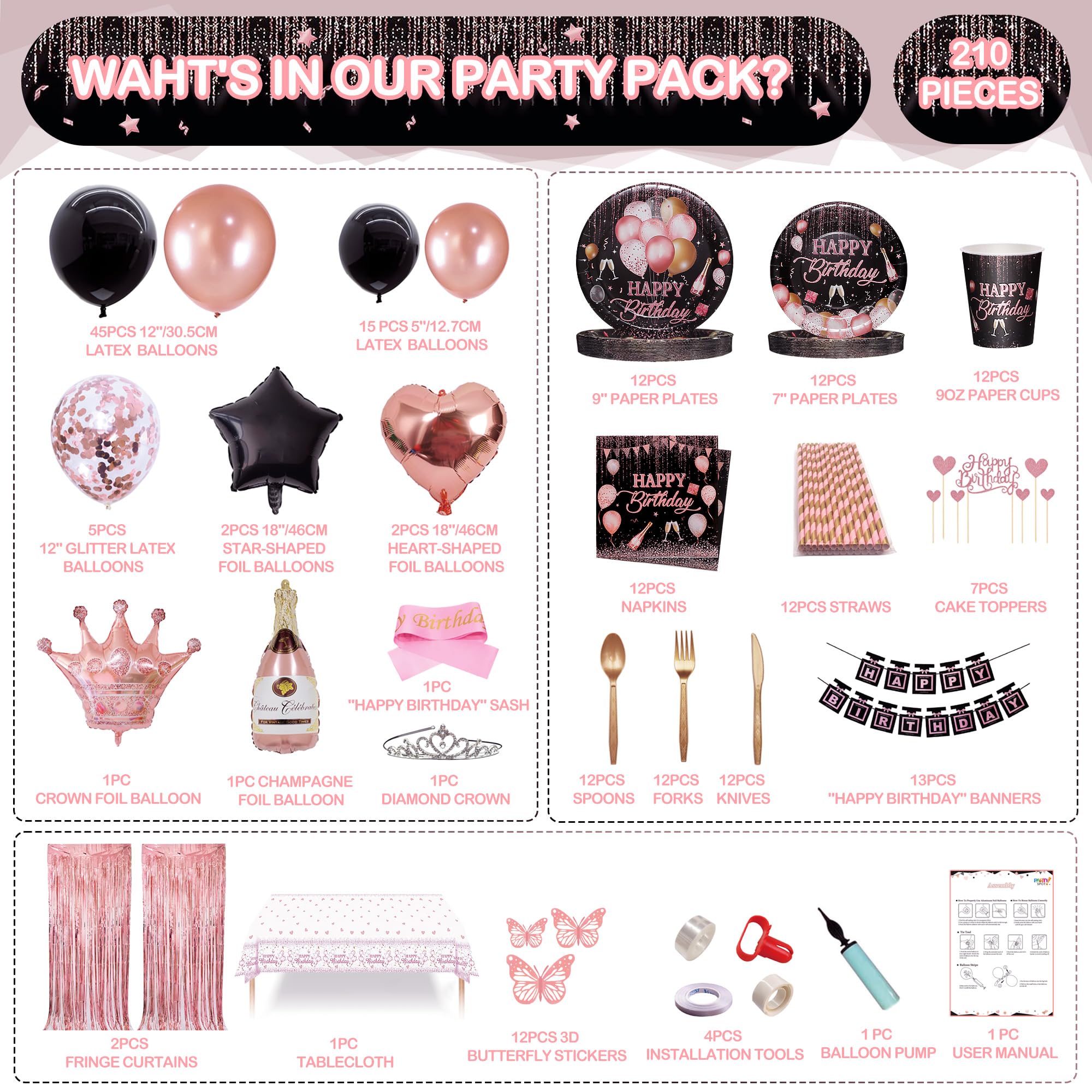 210PCS Birthday Decorations For Women ,Rose Gold and Black Party Decorations Kit,Happy Birthday Supplies Set - Tableware Pack, Balloon Pump, Banner, Fringe Curtain, Latex Balloons For 12 Guest