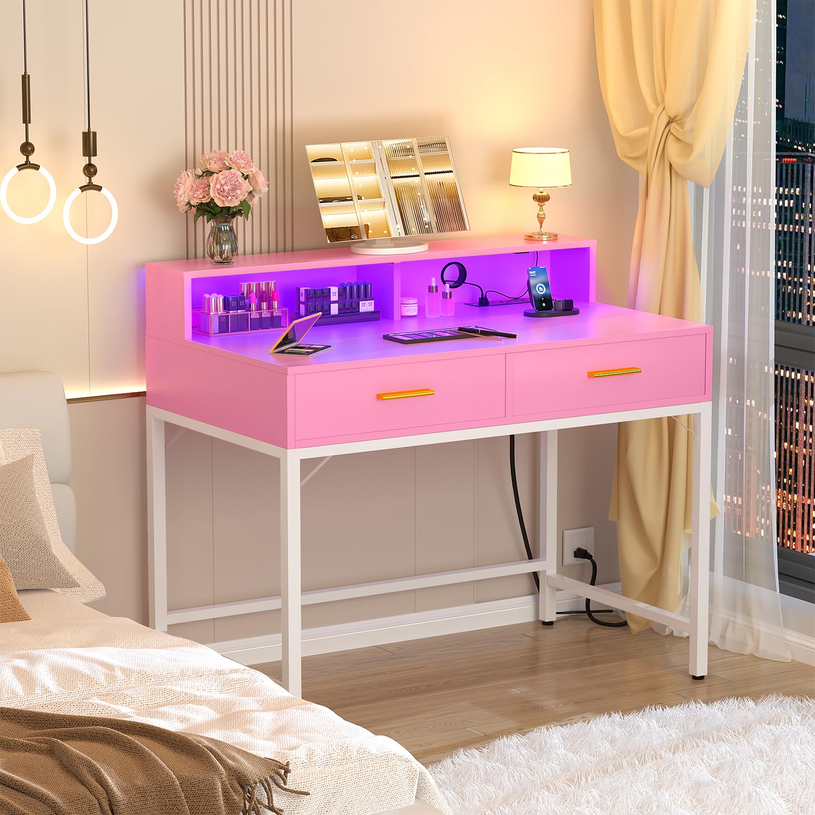 Cyclysio Vanity Desk with Mirror and Lights, 36 Inch Makeup Vanity with 2 Wooden Drawers & Storage Shelves, Pink Small Vanity with Power Outlets and LED Lights for Small Space, Bedroom, Pink