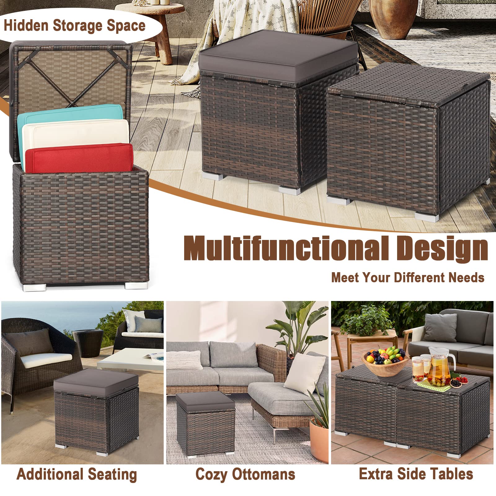 MEDIMALL Patio Wicker Ottoman Set of 2, Multipurpose Outdoor Footstool w/Removable Cushions, Rattan Side Table w/Storage, Footstool Ottoman Seat for Garden, Backyard, Poolside (Gray)