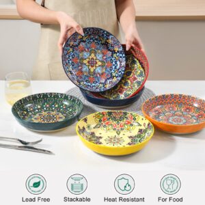 KitchenTour Pasta Bowls, 30 oz Large Ceramic Salad Bowls Set of 6, Colorful Porcelain Serving Bowl Set - 8.2 Inch Wide and Shallow Bowl for Kitchen - Dishwasher and Microwave Safe