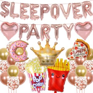 sleepover party supplies for girls - rose gold sleepover party balloon banner large popcorn donut pizza crown foil balloons girls night slumber pajamas spa party birthday party decorations