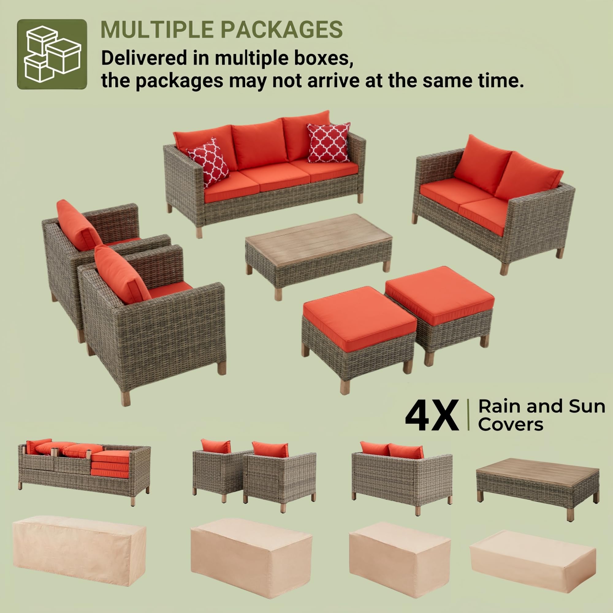 Summax 7 Pieces Sectional Sofa with Metal Top Coffee Table, Hand Woven Wicker Rattan Conversation Set, Outdoor Furniture for Poolside, Garden, Porch PE Rattan Sofa Set (Orange Red)