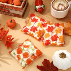 JarThenaAMCS 320Pcs Fall Self Adhesive Treat Bags Pumpkin Maple Leaves Cellophane Bags Clear Candy Bags Plastic Goodie Bags for Autumn Harvest Party Gift Snack Wrapping Supplies