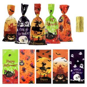 halloween treat bags, halloween cellophane treat bags, 50 pcs halloween candy bags, halloween cello cookie goodies gift bags with 50pcs ties for halloween trick or treat party favors supplies, 5 style