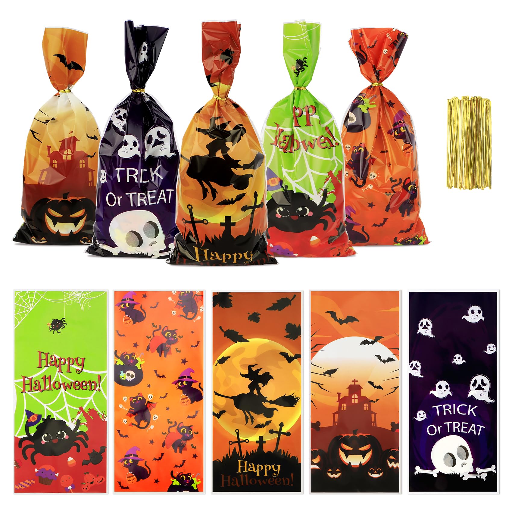 Halloween Treat Bags, Halloween Cellophane Treat Bags, 50 PCS Halloween Candy Bags, Halloween Cello Cookie Goodies Gift Bags with 50pcs Ties for Halloween Trick or Treat Party Favors Supplies, 5 Style