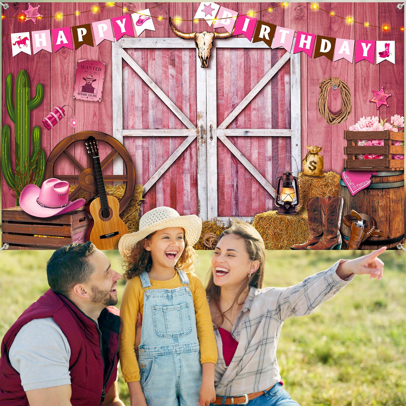 Breling Western Cowgirl Birthday Banner Cowboy Backdrop Photography Booth Prop Pink Cowgirl Party Background for Cowgirl Birthday Baby Shower Party Decorations Supplies, 71 x 43 Inch