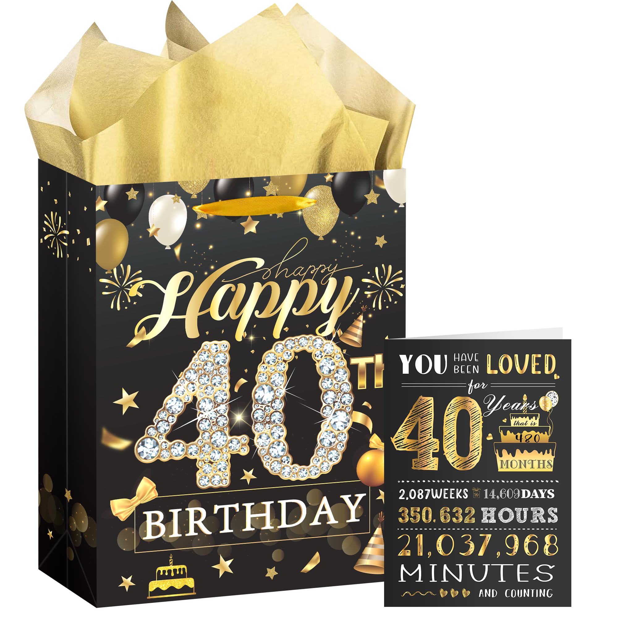 EoBeCy 40th Birthday Gift Bag: Black Gold Happy Birthday Gift Bag with Card and Tissue Papers for 40 Year Old Men Women Birthday Gift Wrap Bags with Handles for 40th Birthday Party Gift Bags