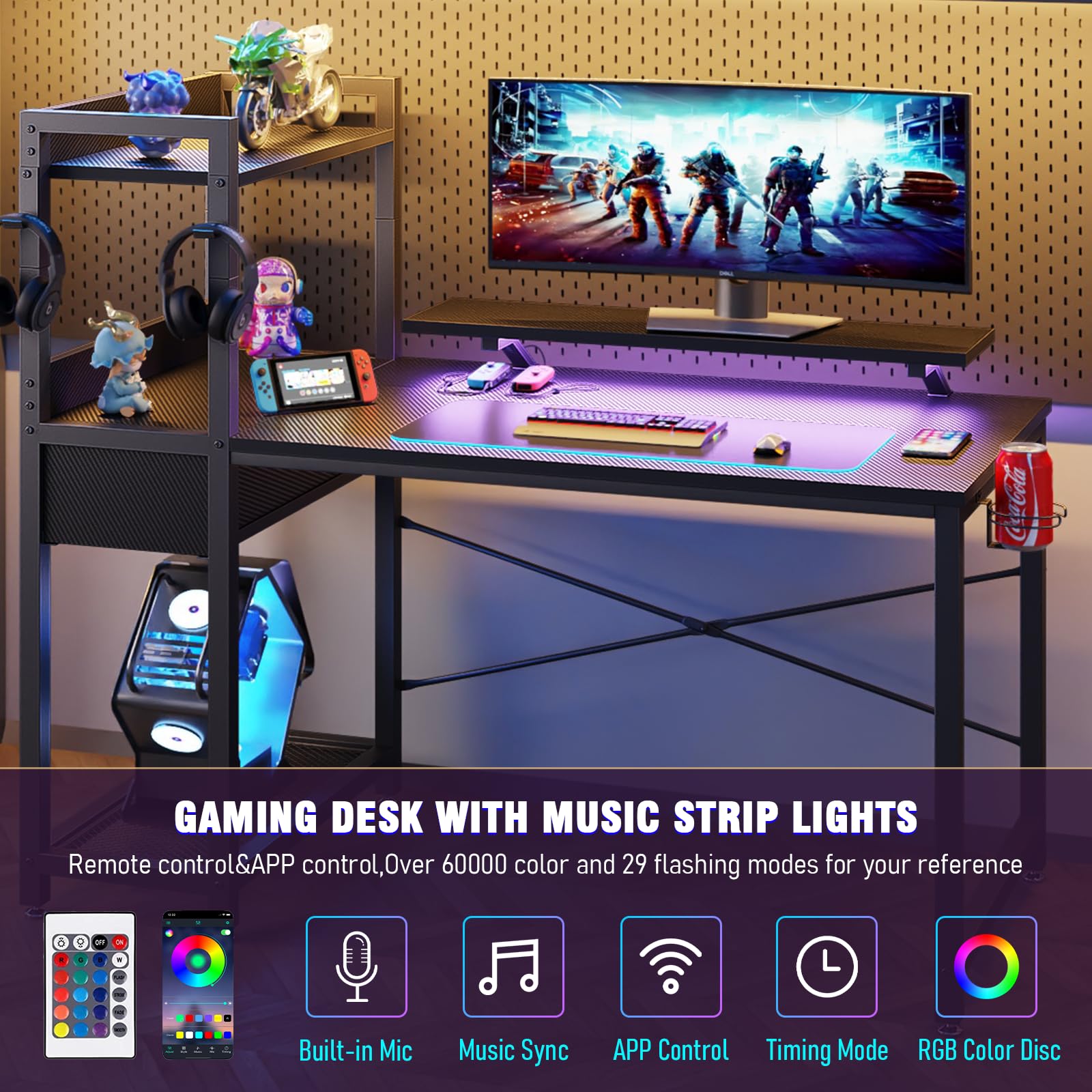 TREETALK Gaming Desk with Power Outlets & Music Strip Lights,47In Reversible Computer Desk with Storages Shelves,Wooden Drawer& CPU Stand, PC Laptop Table with Large Monitor Stand for Home Office