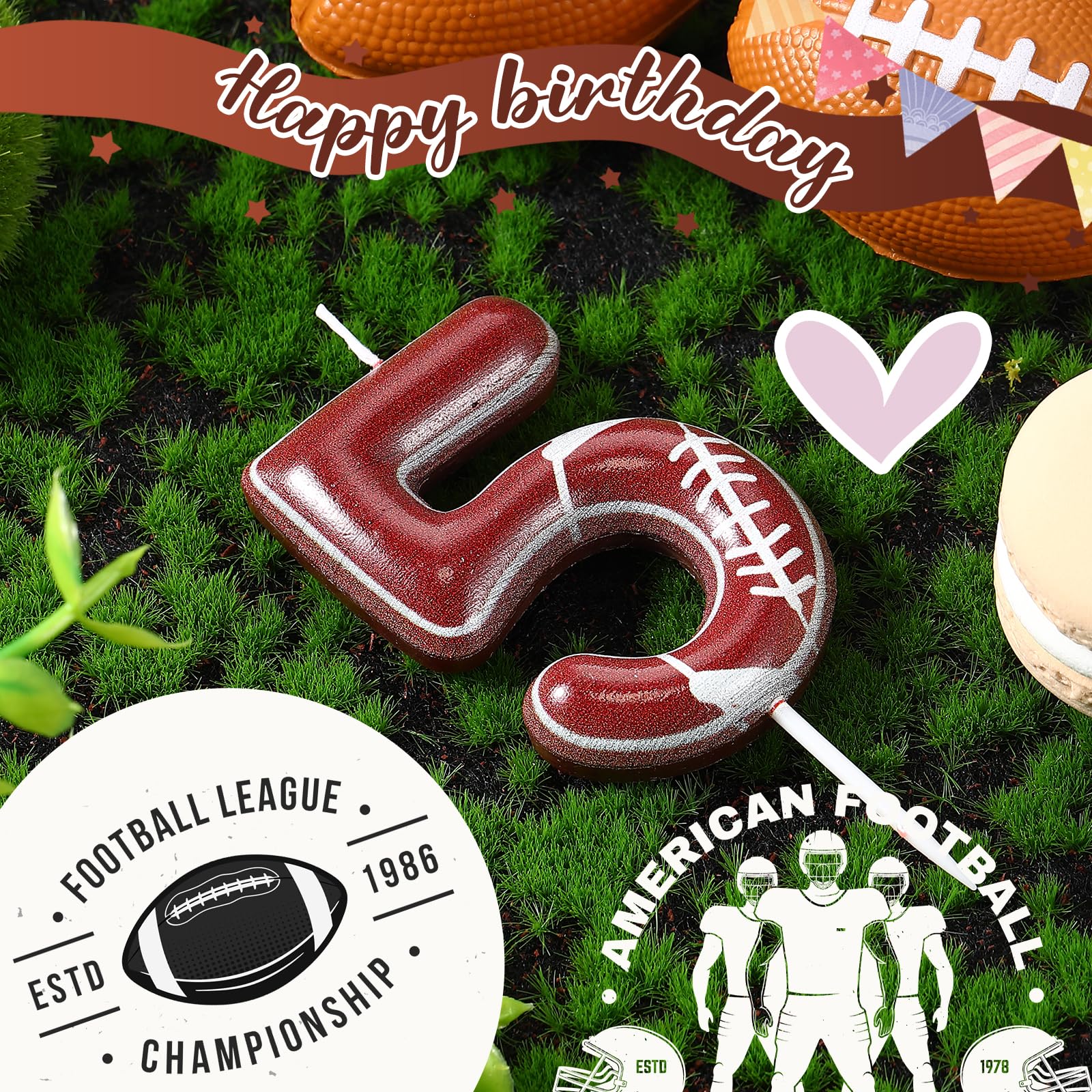 Tondiamo Football Birthday Number Candles Football Birthday Candle Football Candles for Cake Football Cake Topper for Boys Girls Kids Party Supplies Anniversary Celebrations Decorations(Number 5)