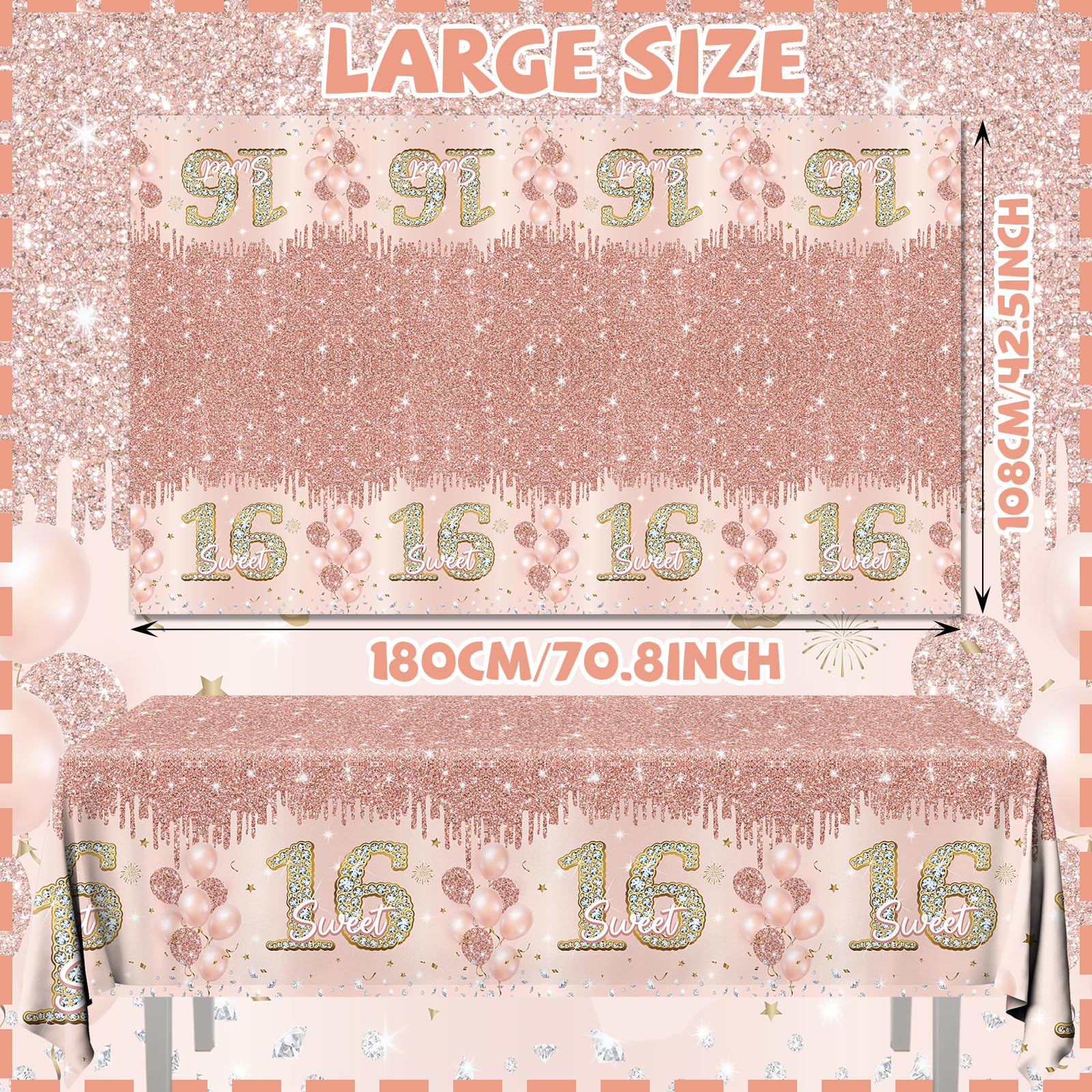 Sweet 16 Party Decorations,3pcs Sweet 16 Tablecloth Waterproof Plastic Pink Rose Gold Birthday Tablecloth for Rose Gold Sweet 16 Party Decorations