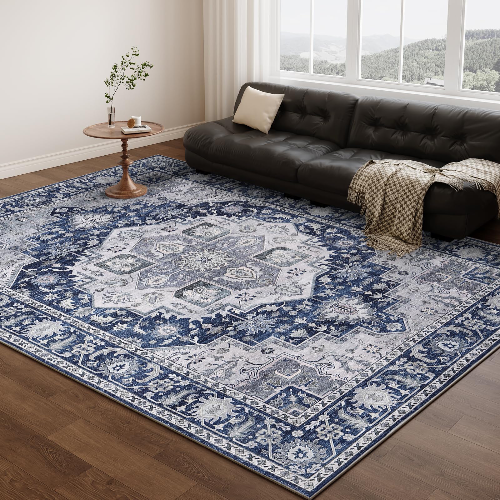 DUKINO 5x7 Rugs for Living Room, Soft Non-Slip Washable Area Rugs, Faux Wool Bedroom Rug with Non-Shedding, Indoor Low-Pile Boho Rugs for Dining Room, Home Office, Blue