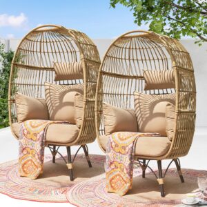 BULEXYARD Patio Wicker Stationary Egg Chair with Legs, Indoor Outdoor Oversized PE Rattan Egg Lounge Chairs for Garden, Backyard, Living Room, Bedroom(Brown/Brown, 2 Pcs)