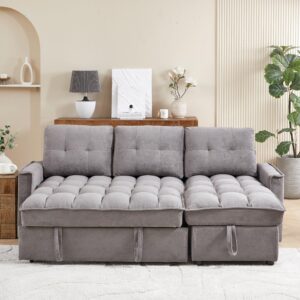 XD Designs 78.75" Chenille Pull Out Sofa Bed with USB Charging Port, L-Shaped Sectional Sofa Convertible Couch with Storage Chaise and Pocket for Living Room Office (Dark GREY-1193)