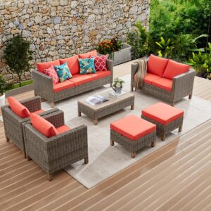 summax 7 pieces sectional sofa with metal top coffee table, hand woven wicker rattan conversation set, outdoor furniture for poolside, garden, porch pe rattan sofa set (orange red)