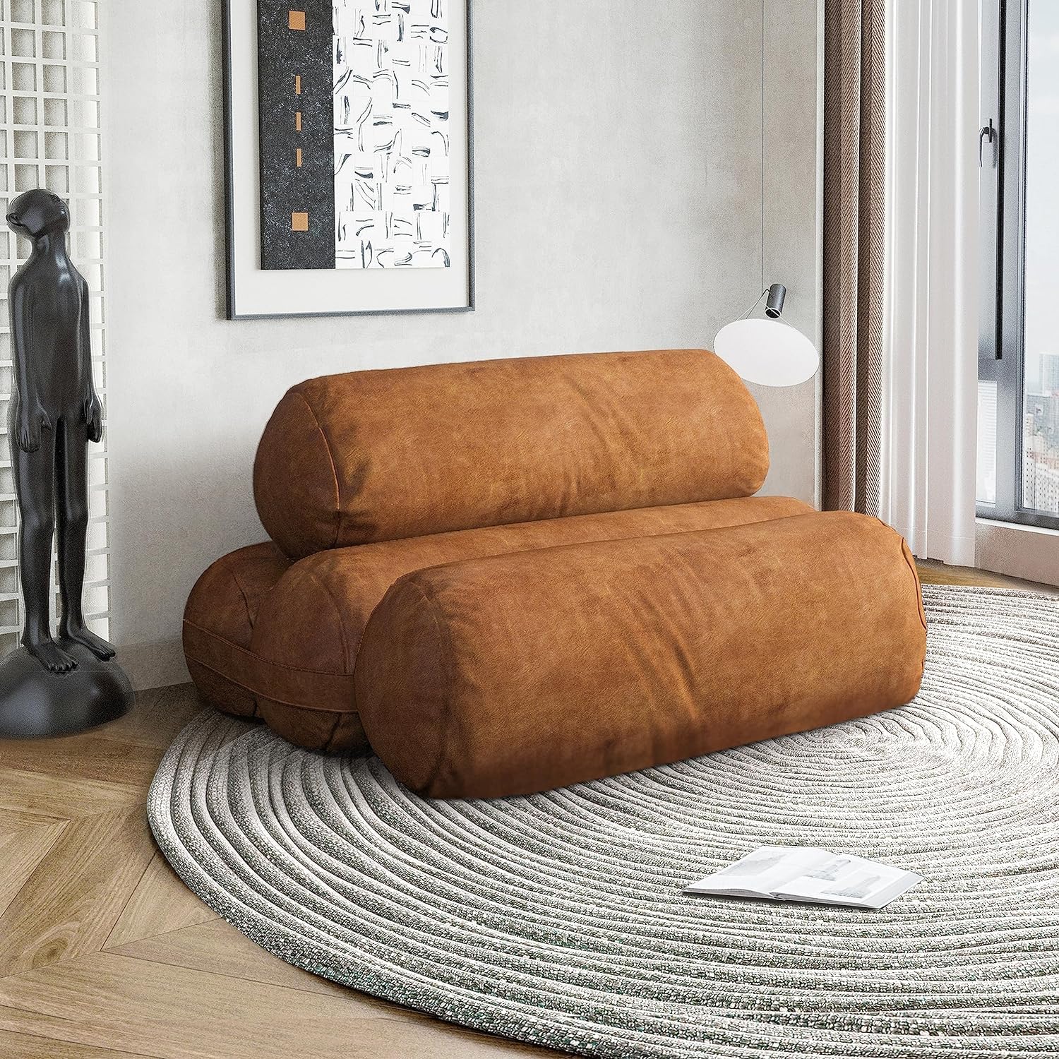 homecozy Multi-Functional Technology Cloth Cylindrical Floor Seating Sofa, Large Fold Sofa Bed, Adjustable Floor Lounger for Living Room and Bedroom, Resting and Sleeping Brown 39 * 31 * 25 Inches