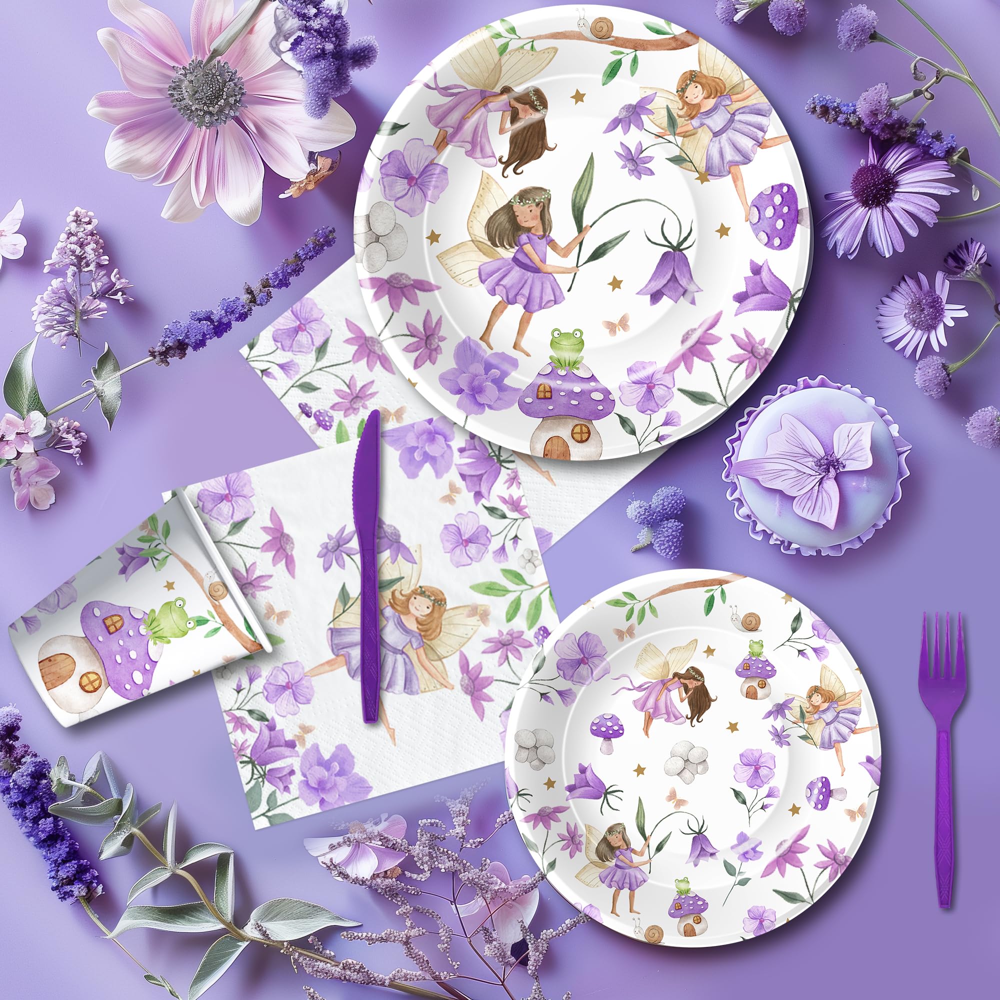 Xenorik Fairy Party Decorations Tableware - Purple Fairy Birthday Party Supplies, Paper Plate, Cup, Napkin, Cutlery, Flower Fairies Princess Enchanted Forest Garden Baby Shower Decorations | Serve 24