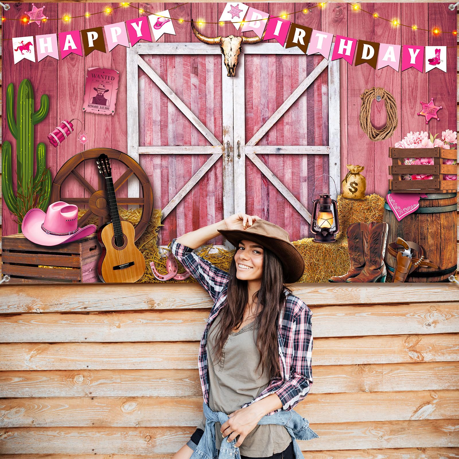 Breling Western Cowgirl Birthday Banner Cowboy Backdrop Photography Booth Prop Pink Cowgirl Party Background for Cowgirl Birthday Baby Shower Party Decorations Supplies, 71 x 43 Inch