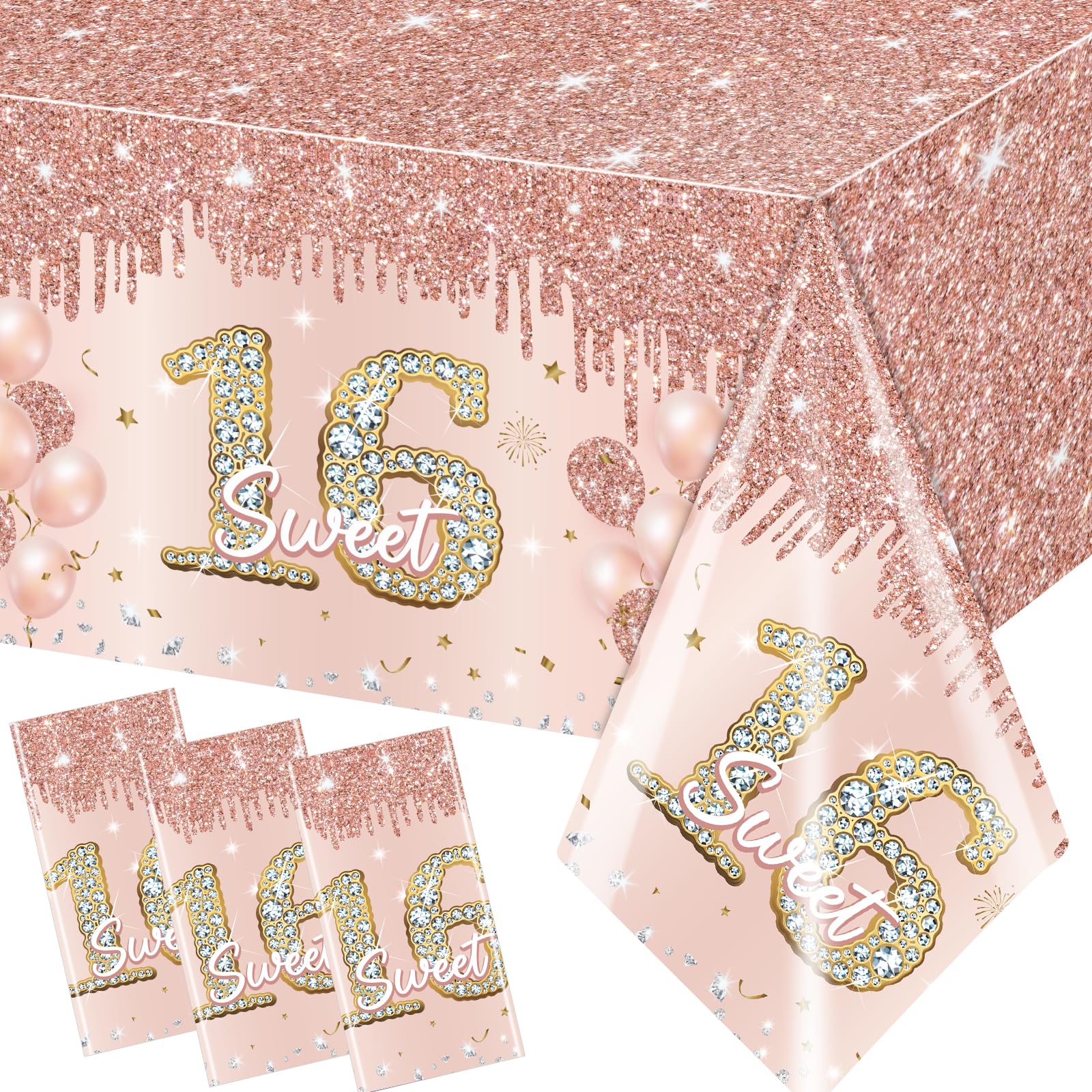 Sweet 16 Party Decorations,3pcs Sweet 16 Tablecloth Waterproof Plastic Pink Rose Gold Birthday Tablecloth for Rose Gold Sweet 16 Party Decorations