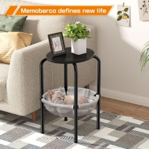 Memobarco End Table with Cat Hammock, Small Oval Side Table Night Stand, Bedside Tables with Fabric Basket and Metal Frame for Living Room and Small Spaces - Black