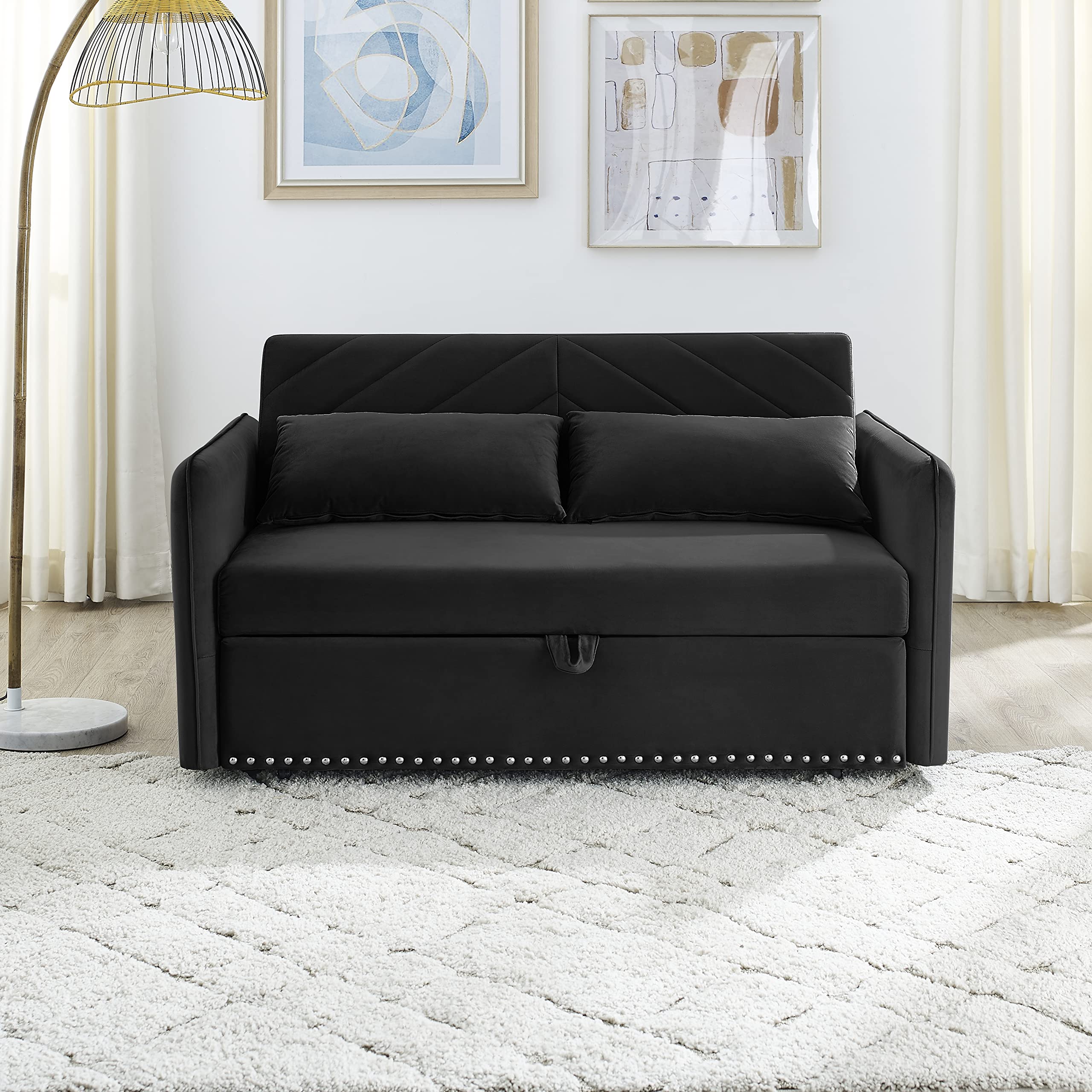 Miscoos Velvet Sleeper Sofa Bed with USB Port-3-in-1 Adjustable, Black