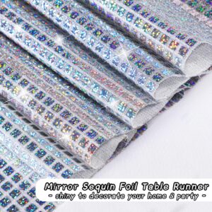 durony 2 Pack Disco Party Table Runner Mirror Silver Laser Glitter Foil Tablecloth with Sparkle Sequin Table Cover for Bachelorette Party 70s Party Disco Cowgirl Party Decorations