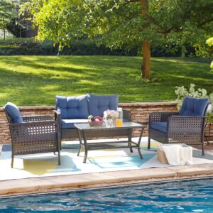 royalcraft 4 pieces patio furniture set, outdoor rattan chair wicker conversation sets with cushions and glass coffee table, for porch balcony garden backyard deck, brown and navy