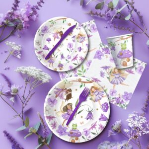 Xenorik Fairy Party Decorations Tableware - Purple Fairy Birthday Party Supplies, Paper Plate, Cup, Napkin, Cutlery, Flower Fairies Princess Enchanted Forest Garden Baby Shower Decorations | Serve 24