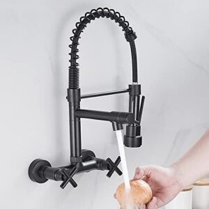 WTEZRSRGG Kitchen Fauce with Pull Down Sprayer Dual Holes Wall Mount Spring Kitchen Sink Faucet 360° Rotation Brass Double Cross Knobs Hot Cold Water Kitchen Mixer Tap,Black (Color : Black)