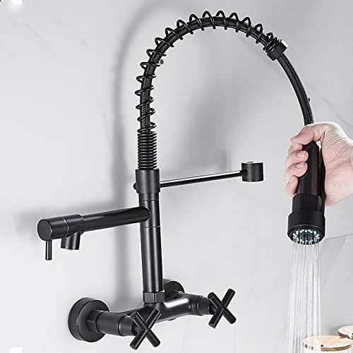 WTEZRSRGG Kitchen Fauce with Pull Down Sprayer Dual Holes Wall Mount Spring Kitchen Sink Faucet 360° Rotation Brass Double Cross Knobs Hot Cold Water Kitchen Mixer Tap,Black (Color : Black)