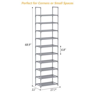 WOKKOW Shoe Rack Organizer, 10 Tier Tall Narrow Shoe Rack for Closet Entryway, Shoe Storage Shelf Holds 20-25 Pairs with Hooks, Gray