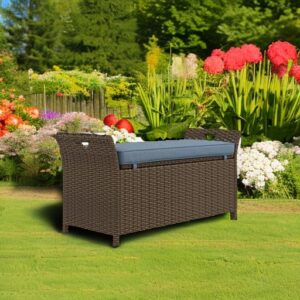 Canditree Outdoor Rattan Wicker Storage Bench with Cushion, Patio Storage Deck Box for Outdoor Furniture Cushions, Garden Tools (Dark Blue)