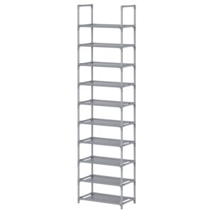 WOKKOW Shoe Rack Organizer, 10 Tier Tall Narrow Shoe Rack for Closet Entryway, Shoe Storage Shelf Holds 20-25 Pairs with Hooks, Gray