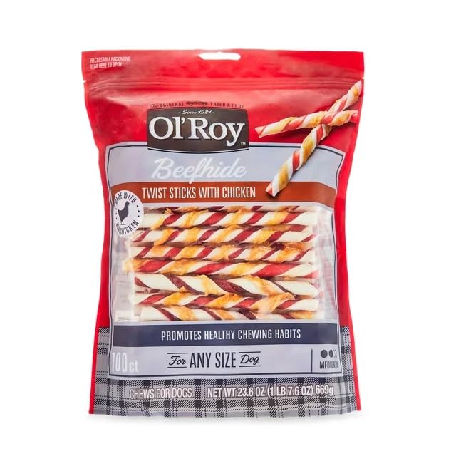 Ol's Roys Beefhide Twist Sticks with Chicken for Dogs, Irresistible Chews Natural & Non-Toxic 23.6 oz, 100 Count