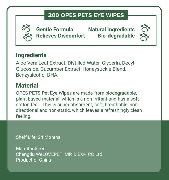 OPES Pets Cats & Dogs Eye & Face Wipes, Gently Removes Discharge, 100% Plant-Based, Biodegradable, 200 Count.