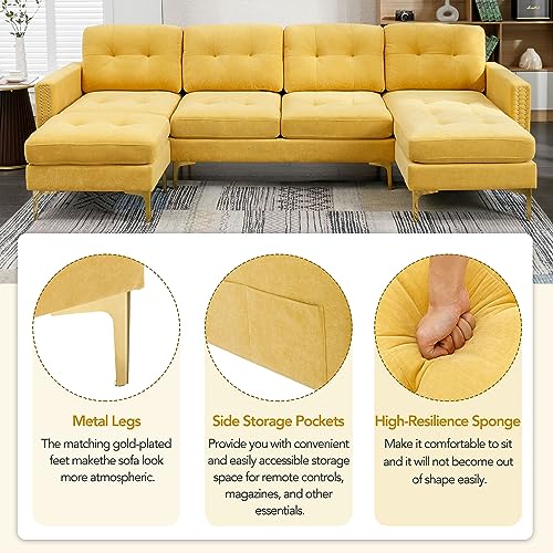 FANYE 111" W U-Shaped Sectional Sofa Couch with Reversible Chaise and Movable Ottoman, Modern 5-Seaters Convertible Corner Sofa&Couch with Side Pockets and Nail Head Decor for Living Room