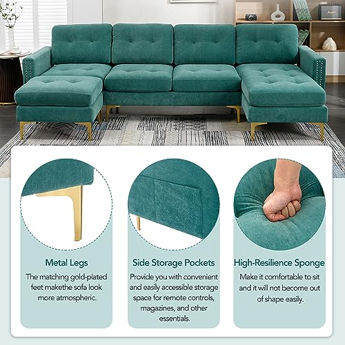 FANYE 111" W U-Shaped Sectional Sofa Couch with Reversible Chaise and Movable Ottoman, Modern 5-Seaters Convertible Corner Sofa&Couch with Side Pockets and Nail Head Decor for Living Room