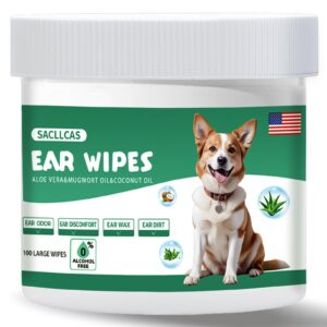 sacllcas large ear wipes for dogs,dog ear cleaning pads otic cleanser for dirty, waxy, smelly ears solution,premium strength pet ear cleaner wipes with natural aloe and mugwort-100 count