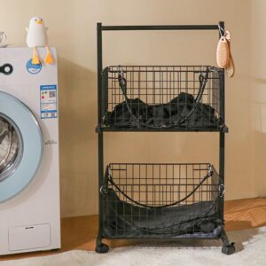 2 baskets rolling laundry basket for garments storage, easy moved with wheels have brake, Laundry basket, white and black，rolling basket (BLACK)