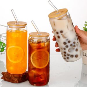 Phunihel 6 Pcs Drinking Glasses with Bamboo Lids and Glass Straw - 16 Oz Can Shaped Glass Cups for Beer, Ice Coffee, Cute Tumbler Cup Great for Soda Boba Tea Cocktail Include 3 Cleaning Brushes