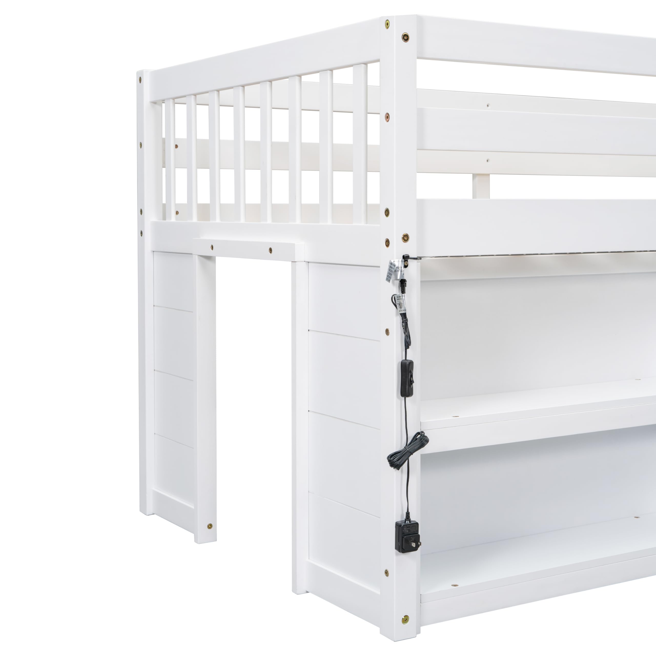 Luckiofvonne Twin Size Low Loft Bed with Storage Shelves, Wood Kids Twin Loft Bed with LED Light and Shelves, Low Loft Bed for Kids, Boys Girls, Strong Wood Slats Support, White