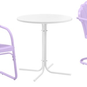 Crosley Furniture Tulip 3-Piece Outdoor Bistro Set, Vintage Retro Metal Patio Table and Chairs for Dining, Lavender Gloss/White Satin