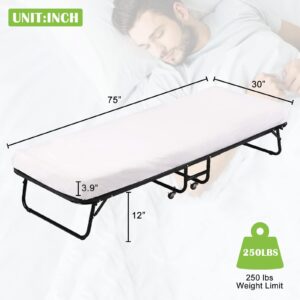 Folding Bed with Wheels, Folded Bed with Metal Slats, Portable Cot with 3.9 Inch Memory Foam Mattress, Roll Away Beds with Mattresses for Adults, 75L*30W*12H, Fold Up Bed for Easy Storage, White