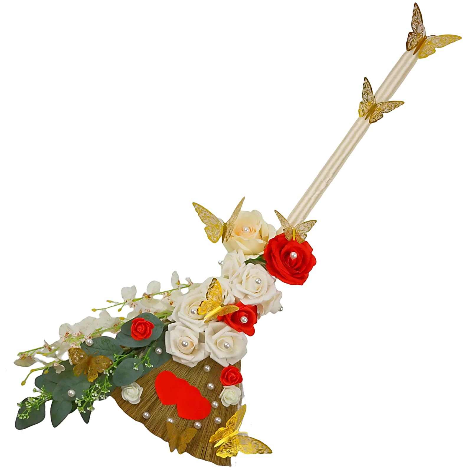 Wedding Brooms for Jumping Ceremony, Extended 35 x 11.8 in DIY Whisk Broom, Jumping The Broom for Wedding, Decorative Broom with 3D Butterflies/Name Stickers/Artificial Roses/Eucalyptus Leaves