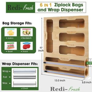 Wall Mount Ziplock Bag + Foil & Plastic Wrap Organizer - Premium Bamboo Organizer for Ziplock Bags, Foil & Plastic Wrap Dispenser | Kitchen Organization & Storage | 12" X 2.125" Standard Rolls only