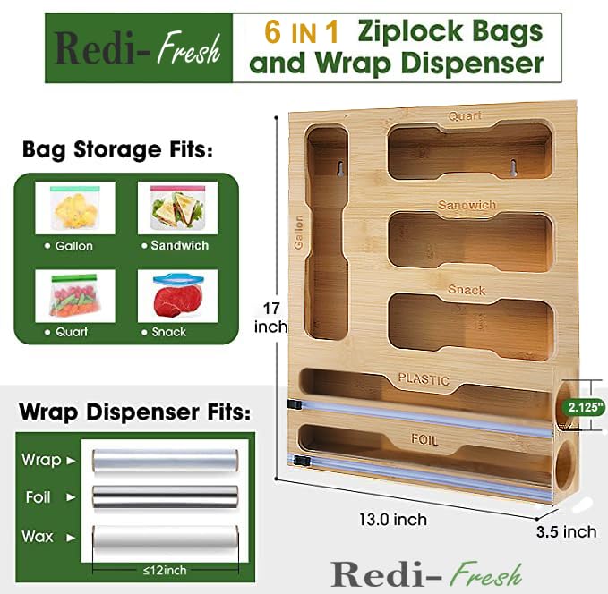 Wall Mount Ziplock Bag + Foil & Plastic Wrap Organizer - Premium Bamboo Organizer for Ziplock Bags, Foil & Plastic Wrap Dispenser | Kitchen Organization & Storage | 12" X 2.125" Standard Rolls only