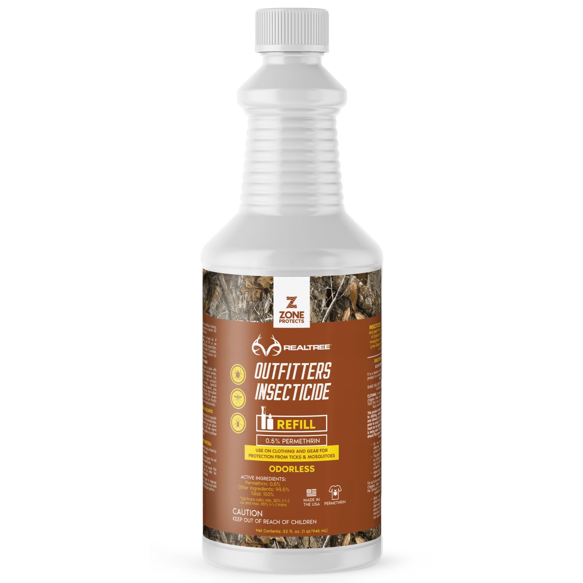 Zone Protects Realtree Permethrin Insecticide Refill - 32oz, Kills & Repels Ticks, Chiggers, Mosquitoes, Ants, Spiders, Outdoorsmen Formula, Dries Odor-Free