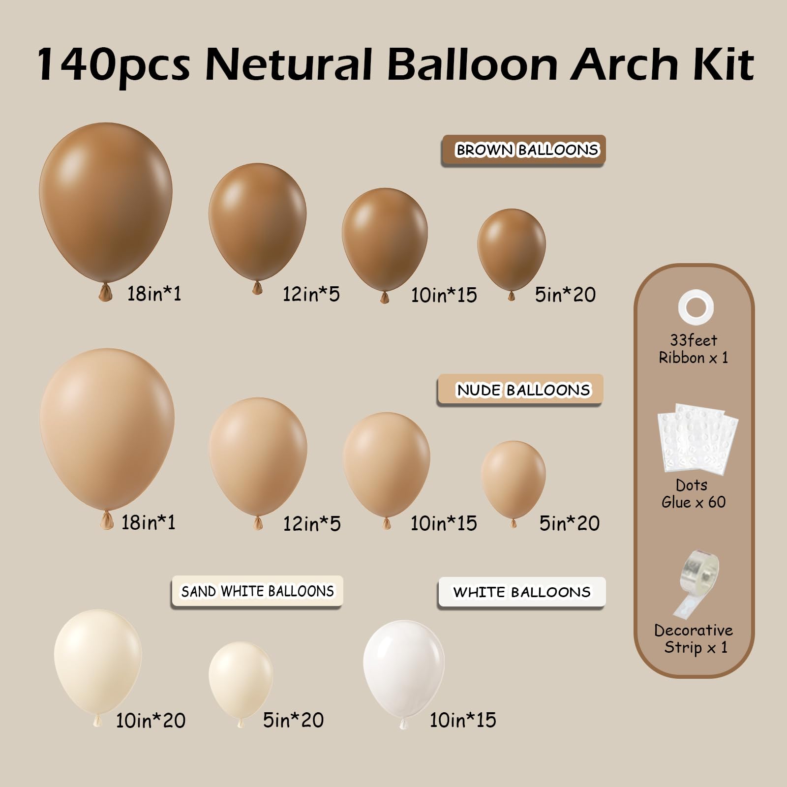 140Pcs Netural Balloon Garland Arch Kit, 5 10 12 18inch Brown Beige Nude Tan Balloons for Birthday Party Netural Bear Baby Shower Decorations