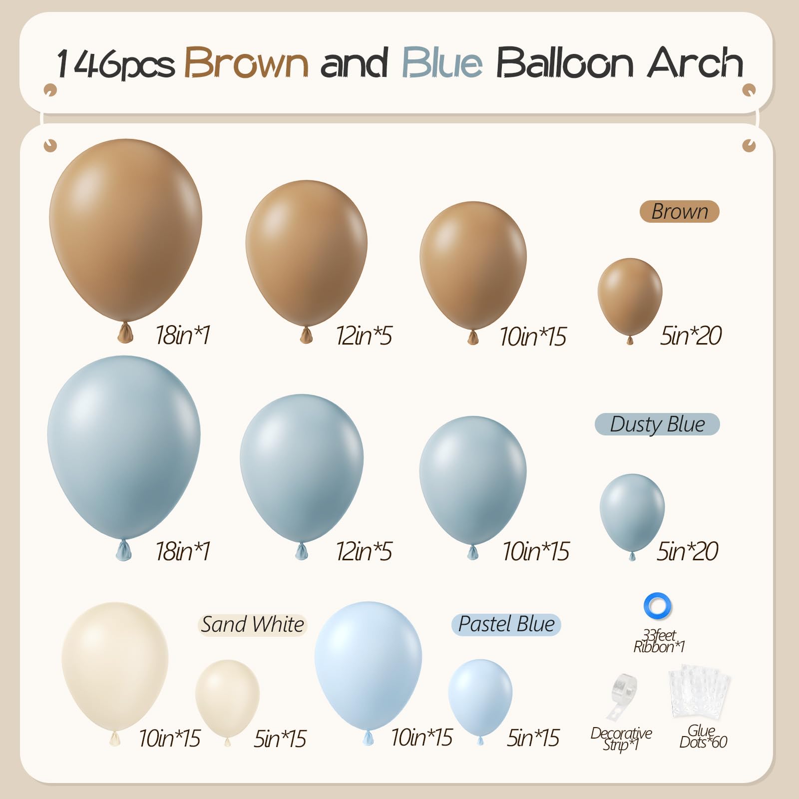 146Pcs Dusty Blue and Brown Balloon Arch Kit, Bear Baby Shower Decorations with Brown Sand White Dusty Blue Balloons for Baby Shower Decorations Gender Reveal Birthday Party Decoration