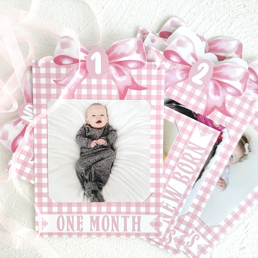 Pink Bow Photo Banner,First Birthday Decorations for Girl,Newborn to 12 Months Photo Banner,1st Birthday Milestone,First Year Photos,Baby Shower