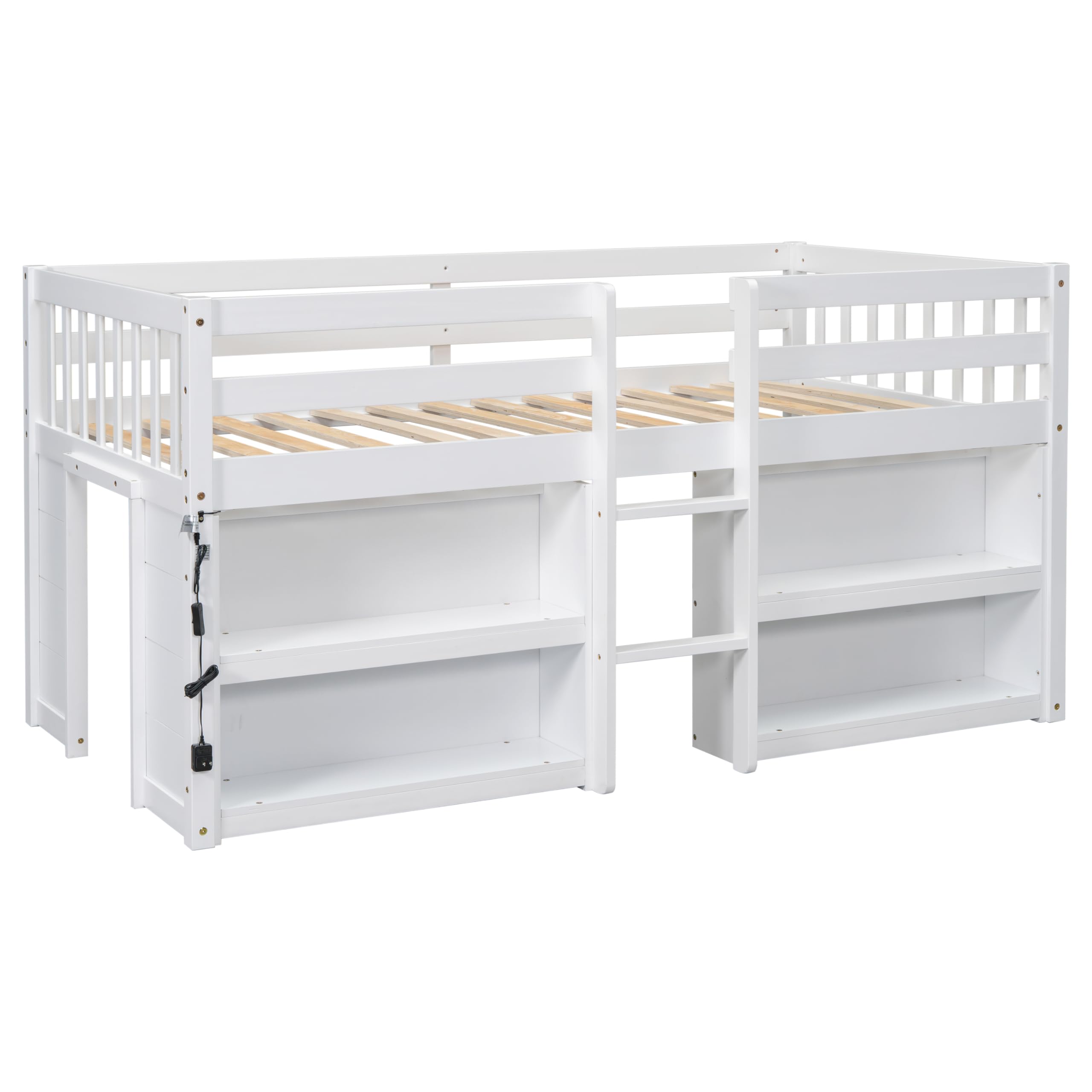 Luckiofvonne Twin Size Low Loft Bed with Storage Shelves, Wood Kids Twin Loft Bed with LED Light and Shelves, Low Loft Bed for Kids, Boys Girls, Strong Wood Slats Support, White